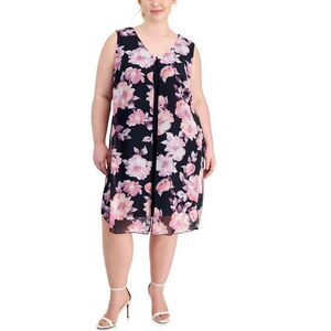 Connected Apparel Womens Floral Overlay Midi Dress, darkpink, Plus Size, 22W